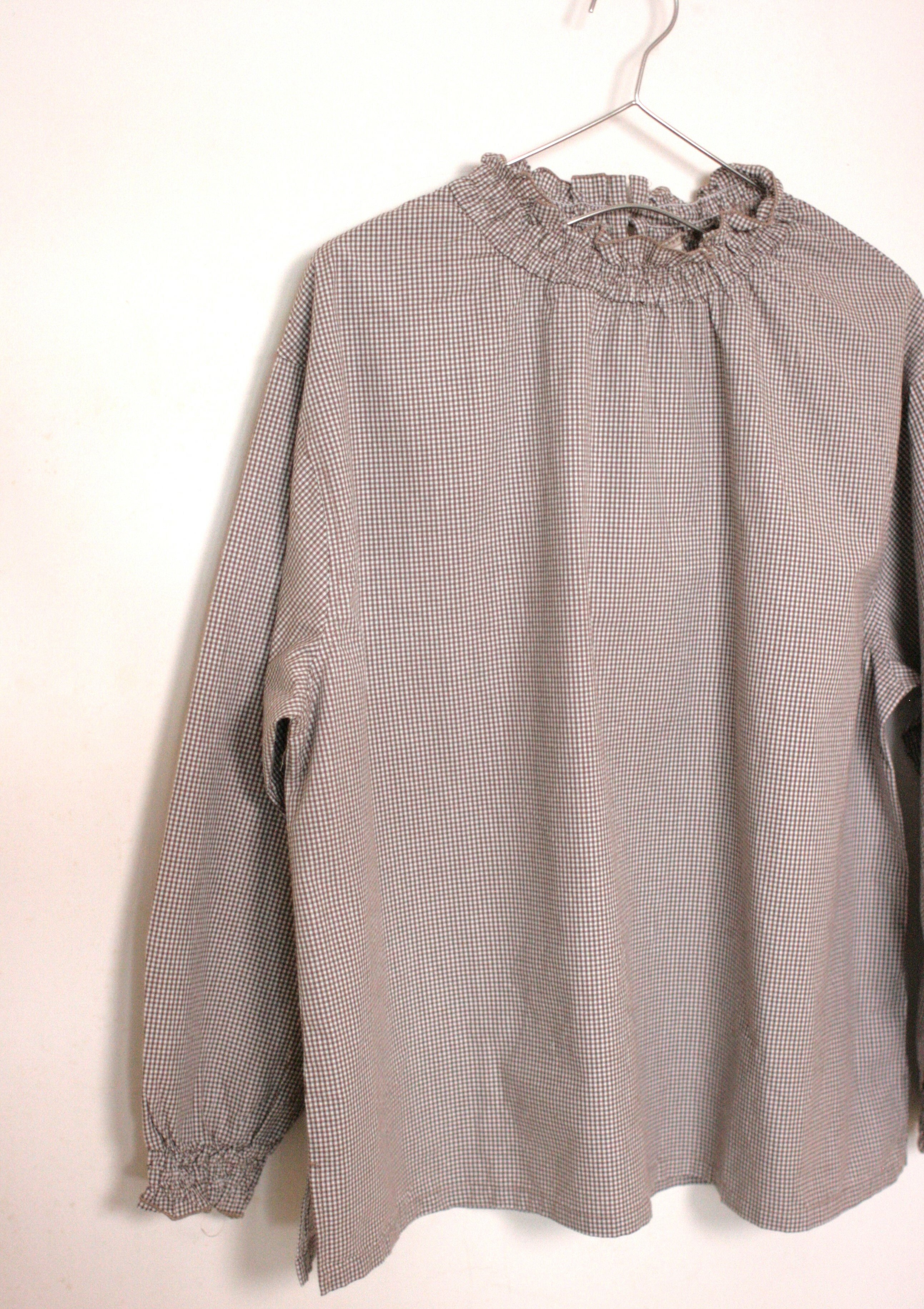 ｛Special Price｝棕色小格子褶皺領棉質上衣【日本直送】