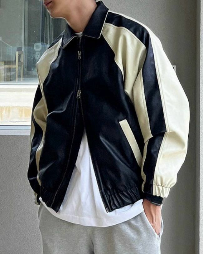 反領拼色拉鍊合成皮褸 JK2468