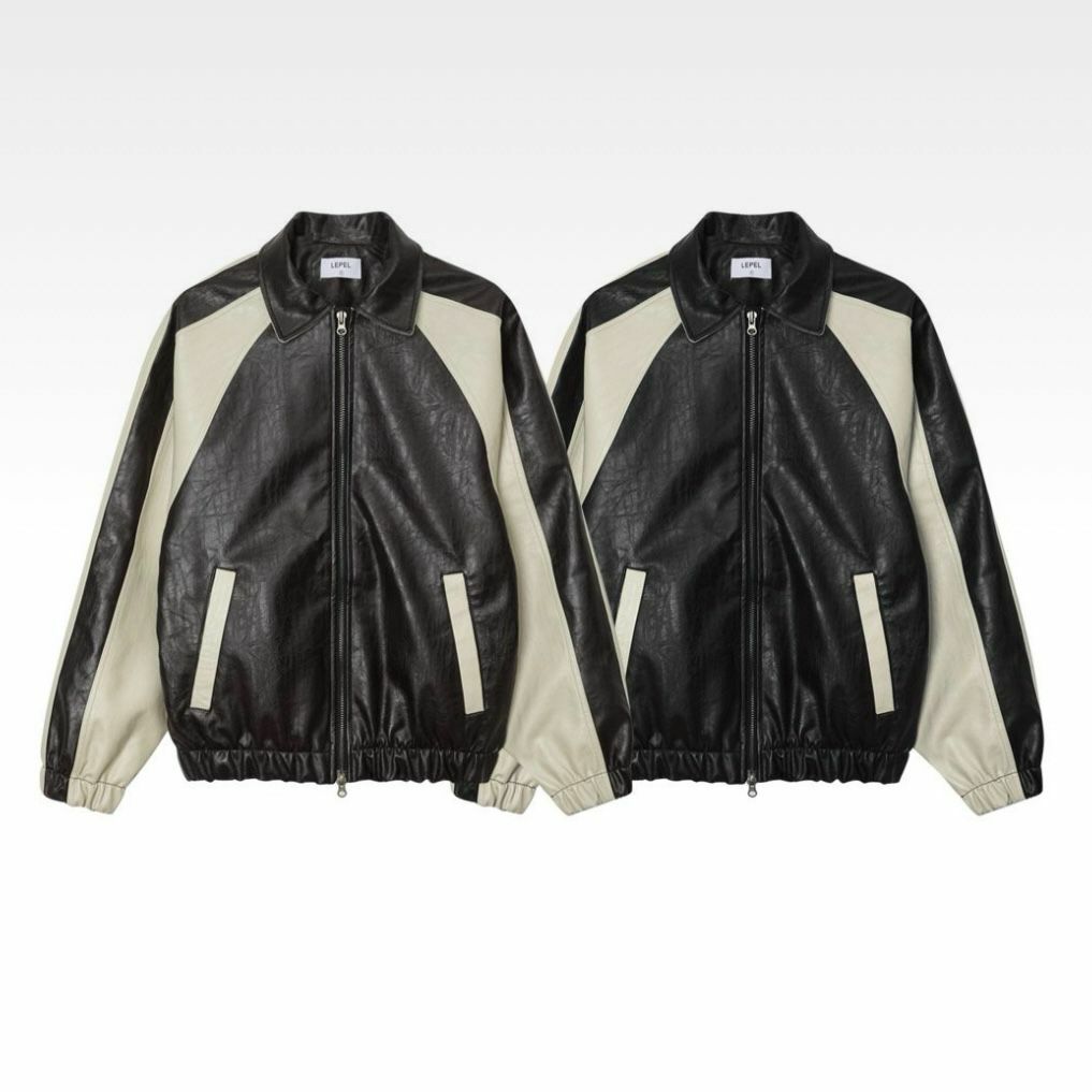 反領拼色拉鍊合成皮褸 JK2468