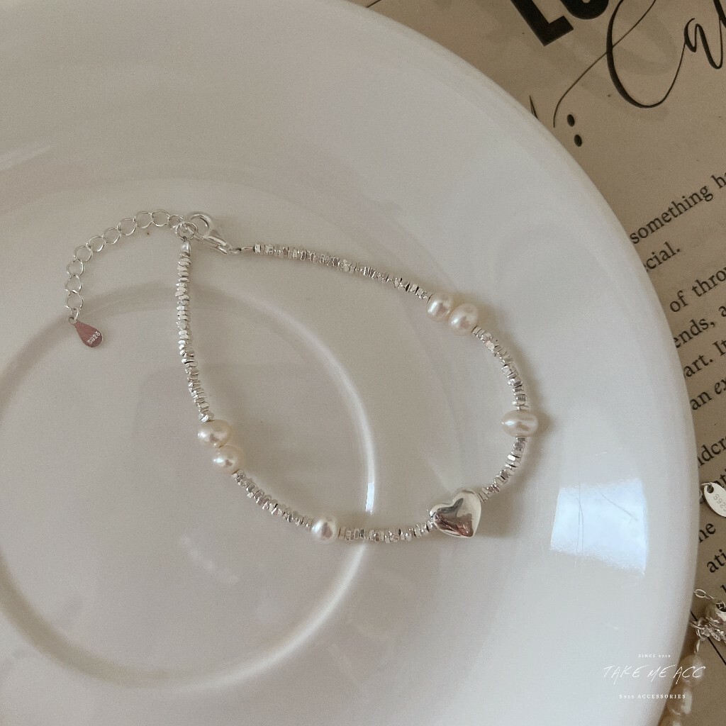 愛心珍珠碎銀子｜純銀手鍊