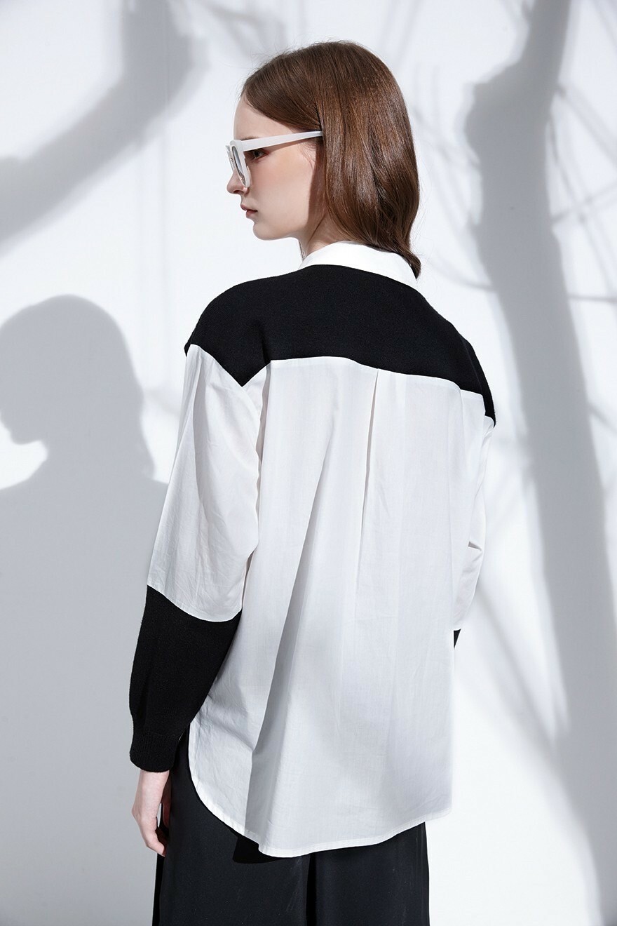 韓系時尚潮風白襯衫＆針織拼接假兩件上衣T6381