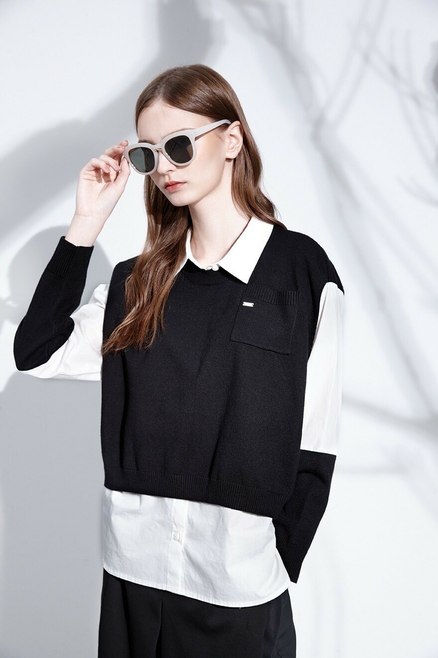 韓系時尚潮風白襯衫＆針織拼接假兩件上衣T6381