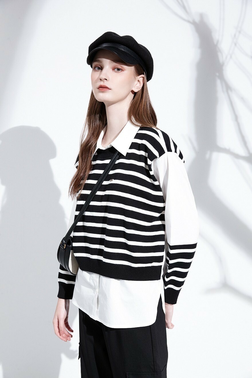韓系時尚潮風黑白條針織拼接假兩件上衣T6371