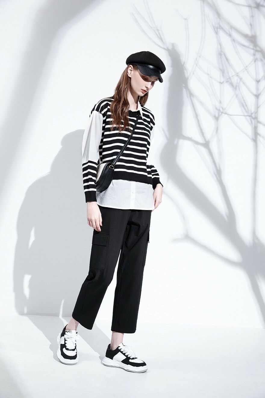 韓系時尚潮風黑白條針織拼接假兩件上衣T6371