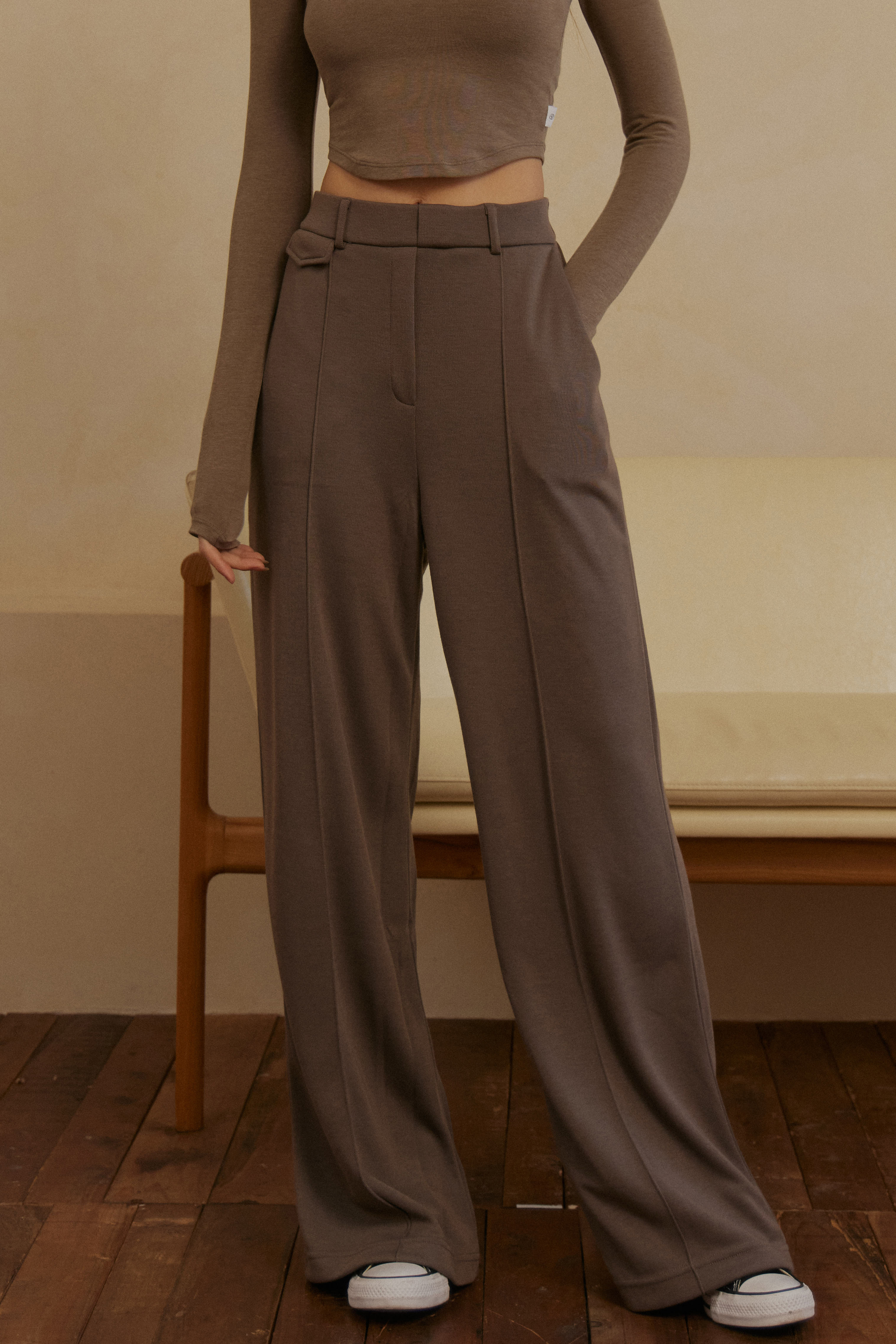 彈性腰頭西裝落地寬褲- 咖啡