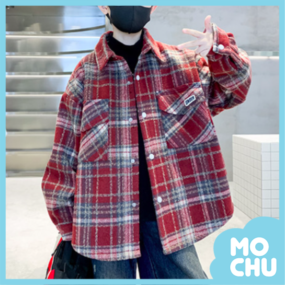 大口袋格子加絨襯衫