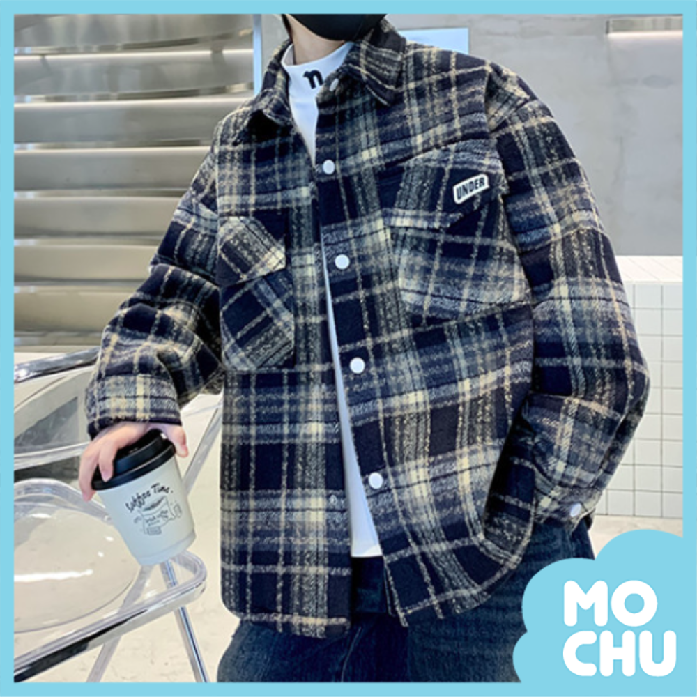 大口袋格子加絨襯衫