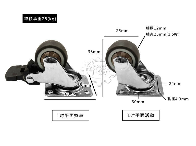 ＊中崙五金【附發票】DAB 1吋TPR彈力輕型平面棕色輪 單輪 (平面煞車輪 / 平面活動輪) 單顆載重25kg