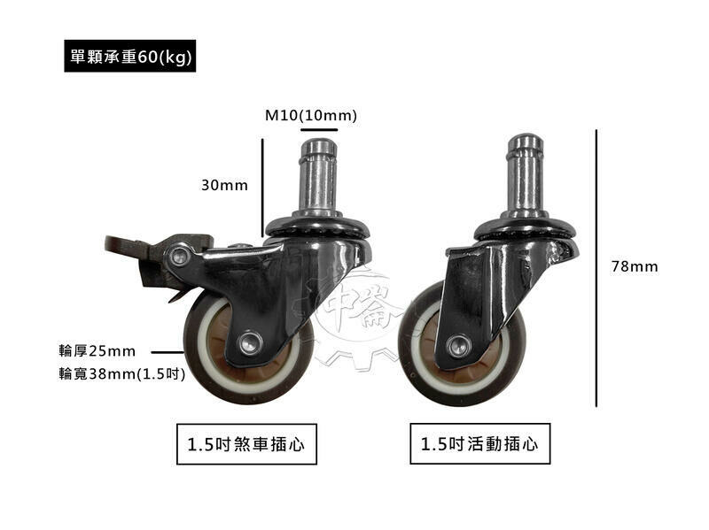 ＊中崙五金【附發票】DAB 1.5吋TPR彈力輕型插心棕色輪 單輪 (煞車插心 / 活動插心) 單顆載重60kg