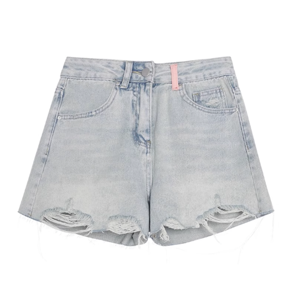 High-waisted pocket embroidered fringed ripped denim shorts