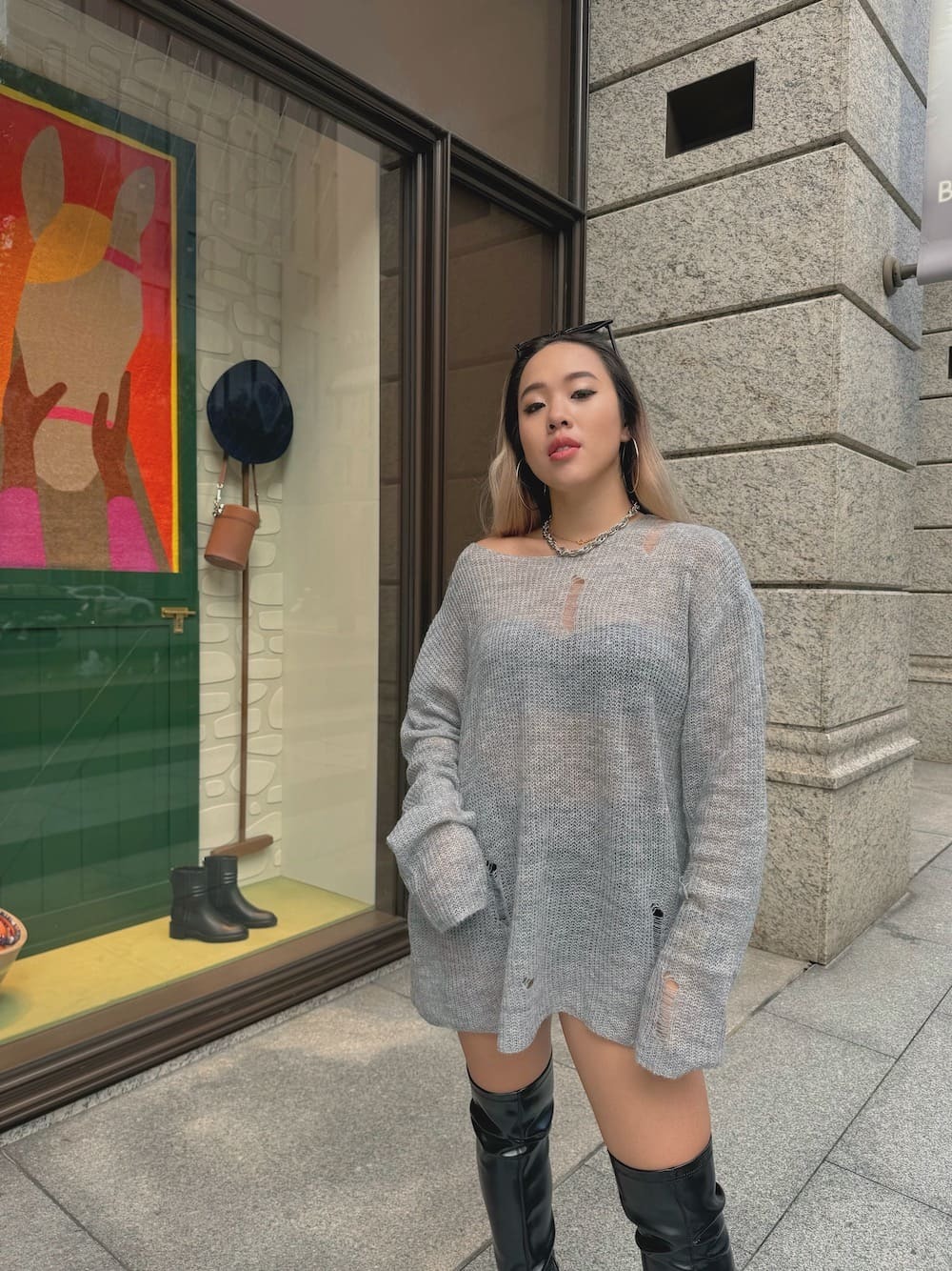 美式刷破灰毛衣