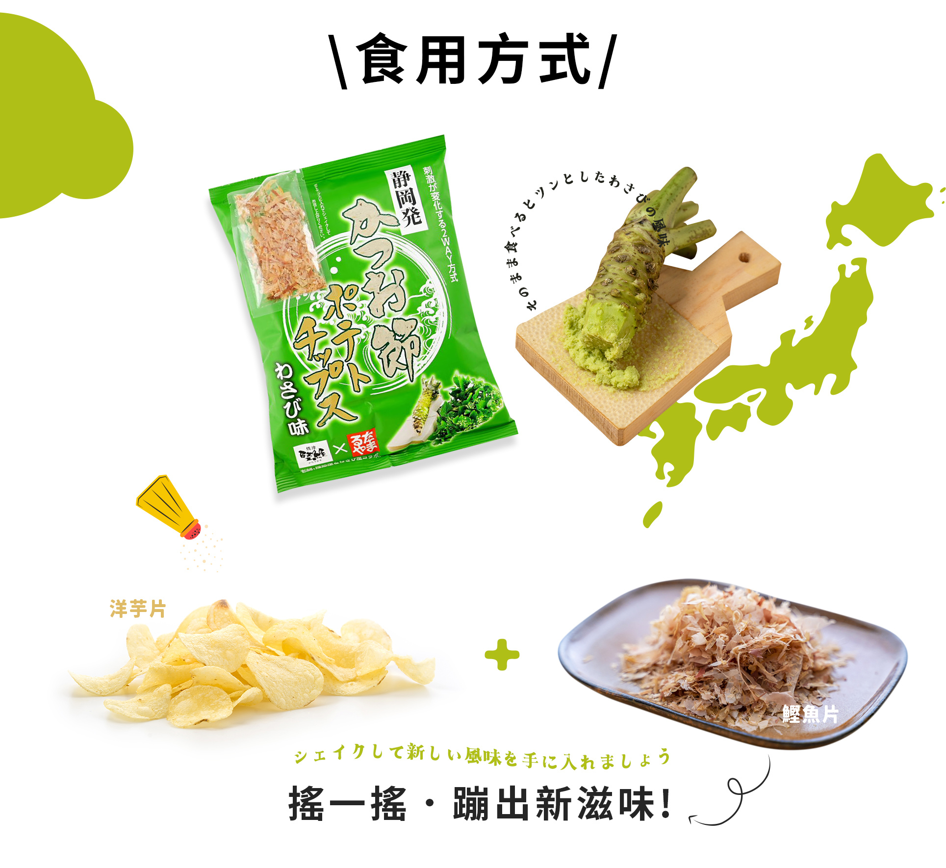 鰹魚片芥末洋芋片 來自日本的獨特風味，搖一搖．蹦出新滋味！