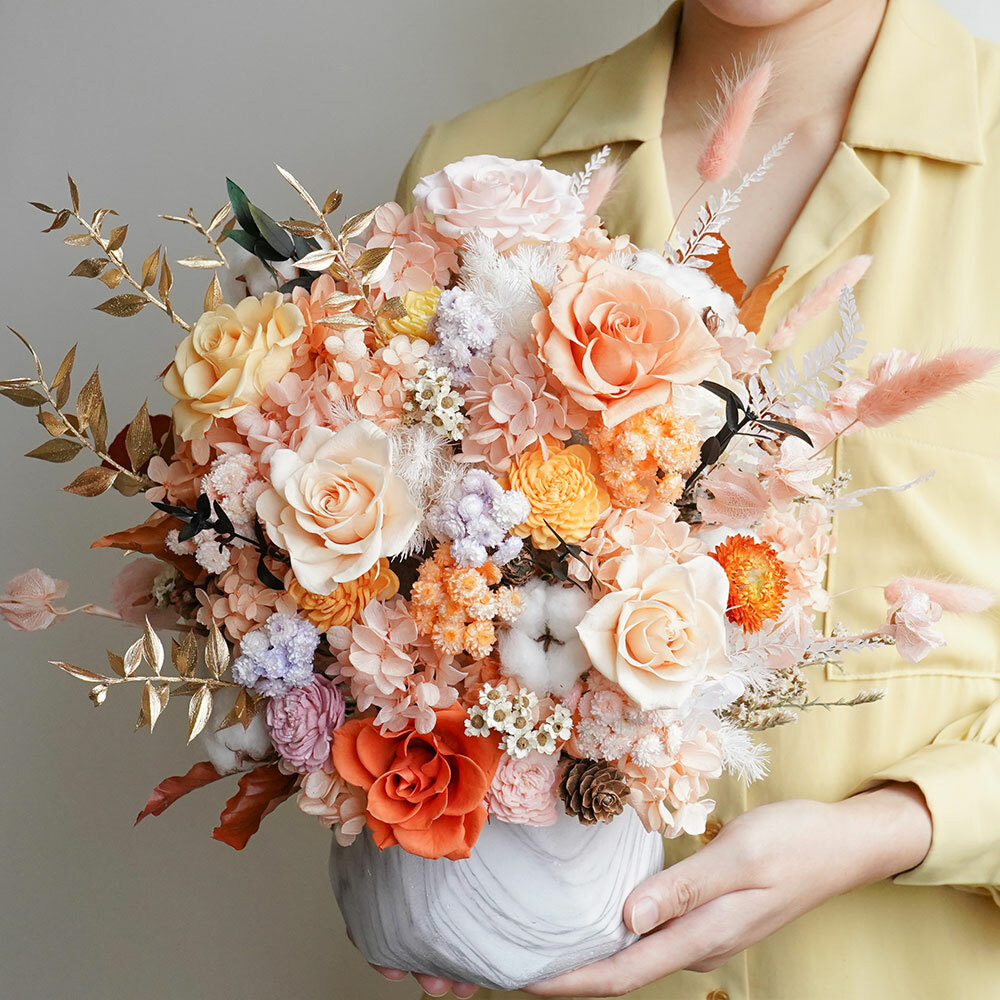 橘粉色開幕盆栽,永生花盆栽,開幕盆栽,升遷喬遷送禮推薦,喜歡生活乾燥花店,開幕賀禮推薦,代客送花推薦,玫瑰花特寫