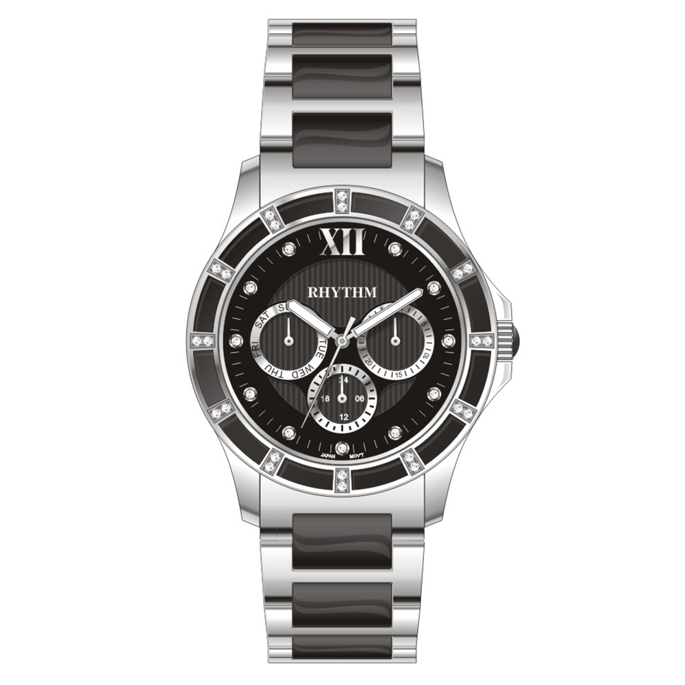 【Rhythm 麗聲】高級時尚三眼六針不鏽鋼陶瓷手錶-F1201T-
