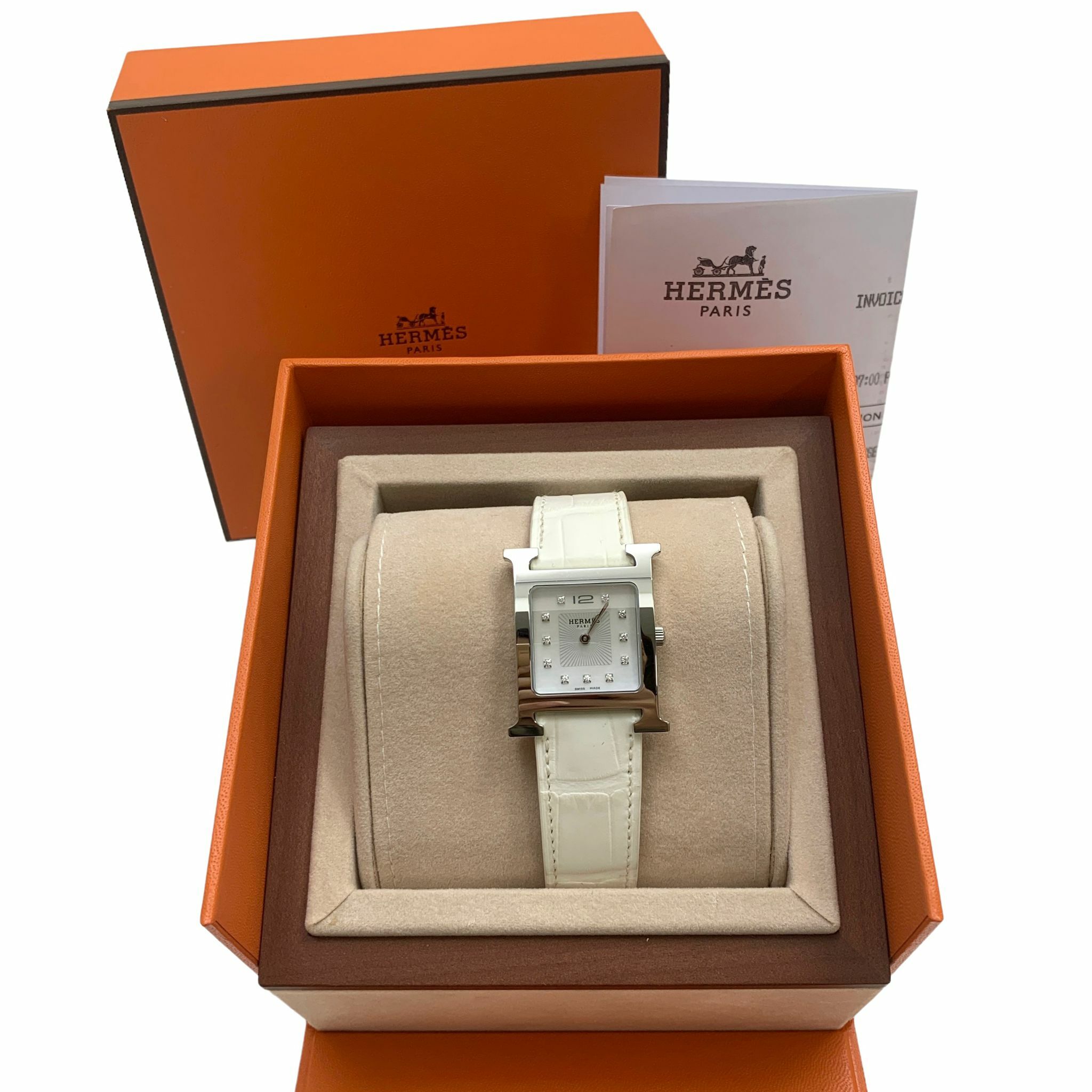 本月精選優惠!!! 全新HERMES手錶 25mm Heure H watch, 白色鱷魚皮錶帶/銀扣 鑽石鑲嵌,W052317WW00 #BRAND NEW #香榭站正品