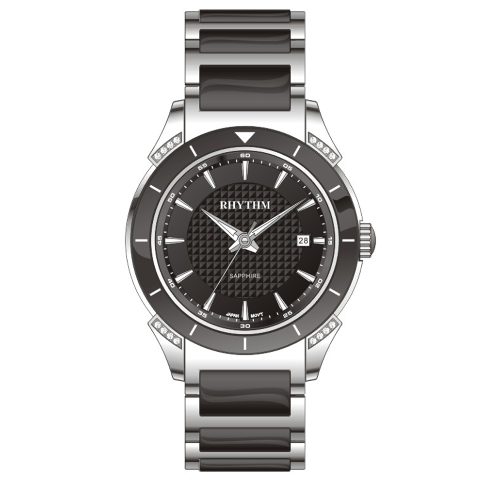 【Rhythm 麗聲】極簡設計日期顯示不鏽鋼陶瓷手錶-1208T-