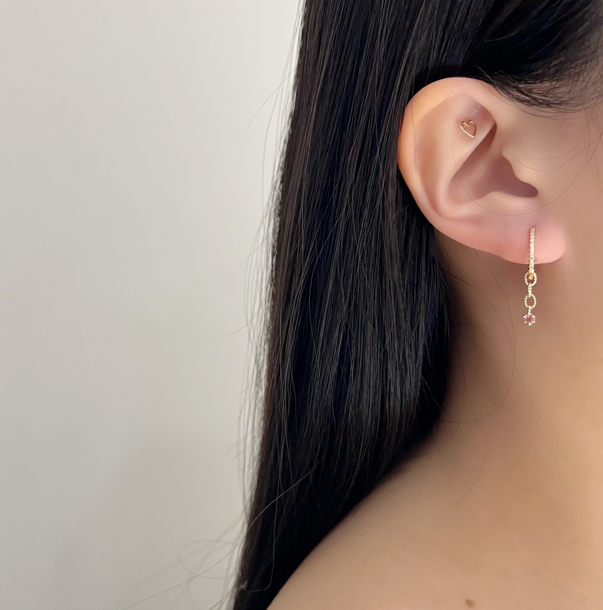 14k mini六爪粉碧璽三鏈圈耳墜