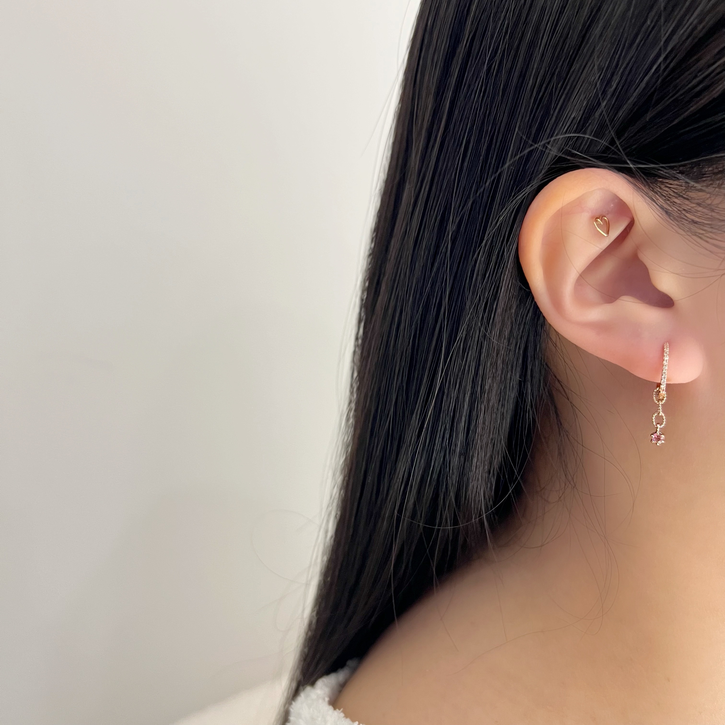 14k mini六爪粉碧璽三鏈圈耳墜