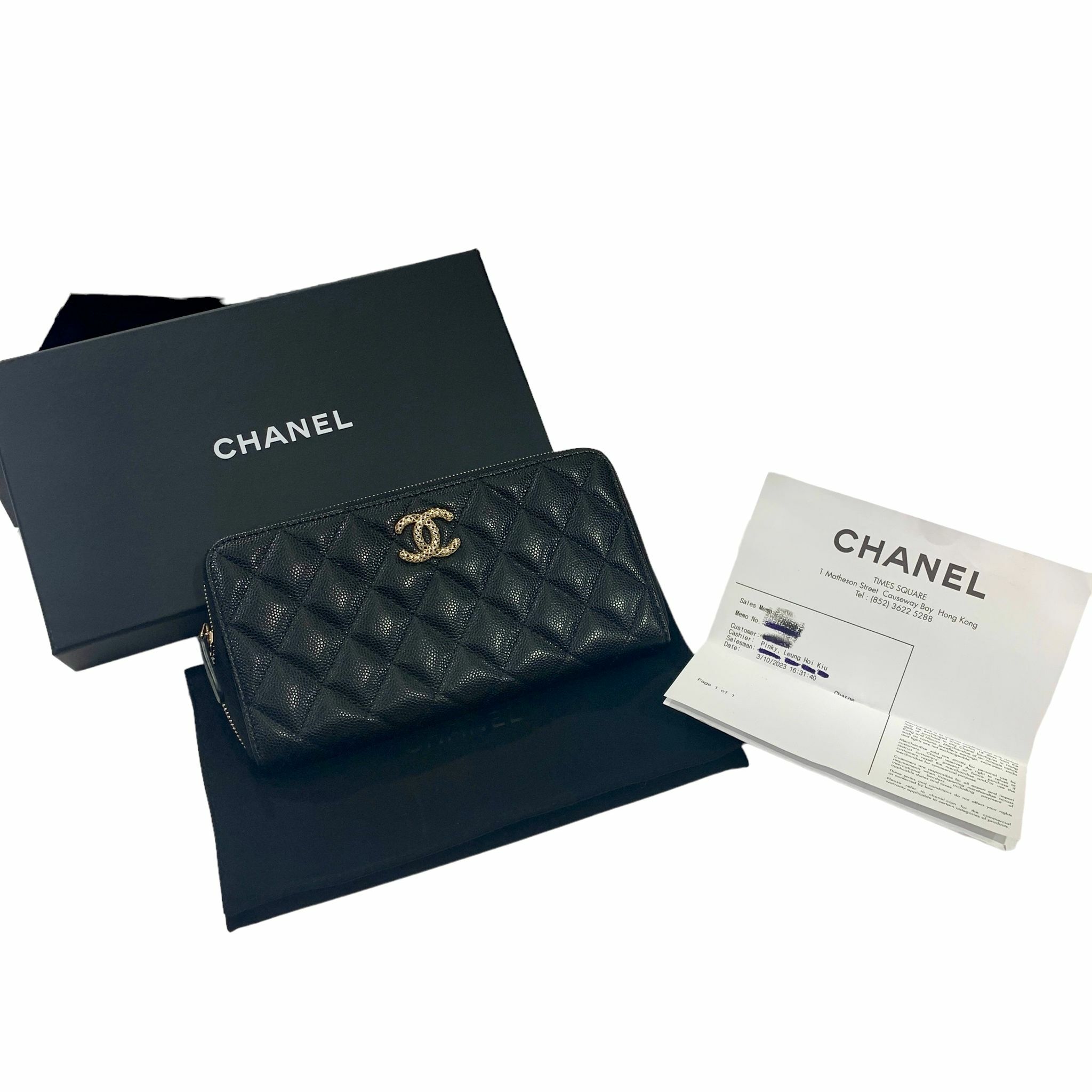 全新CHANEL長銀包 AP3181 拉鏈黑色荔枝皮淡金通花扣內拼新款桃紅色 #23C#BRAND NEW #香榭站正品