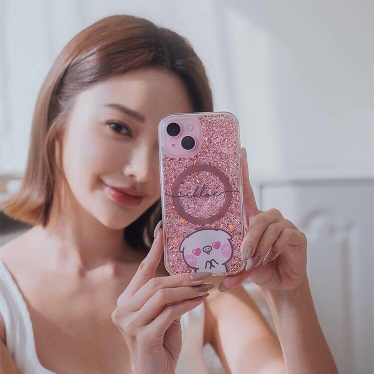 【插畫聯名】萌萌豬 黑皮萌萌豬 (MagSafe兼容) 玫瑰金貝拉殼 - (訂製名字) iPhone客製化手機殼