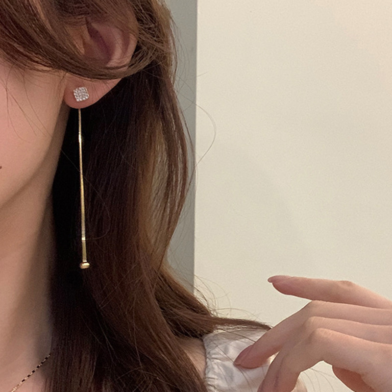 方形鑲鑽 流蘇耳飾 (925銀針)