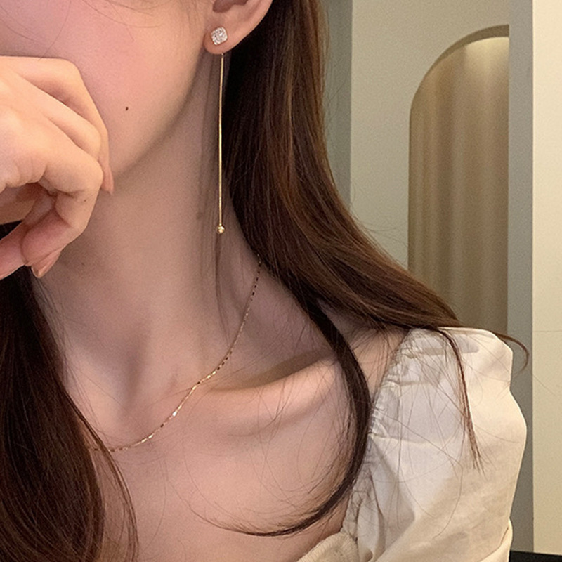 方形鑲鑽 流蘇耳飾 (925銀針)