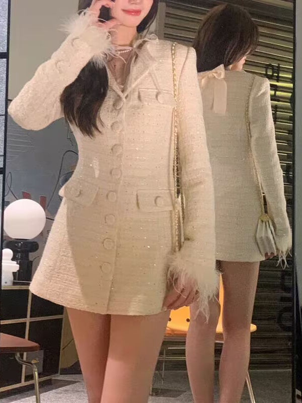 翻領毛尼長袖洋裝(毛可拆)