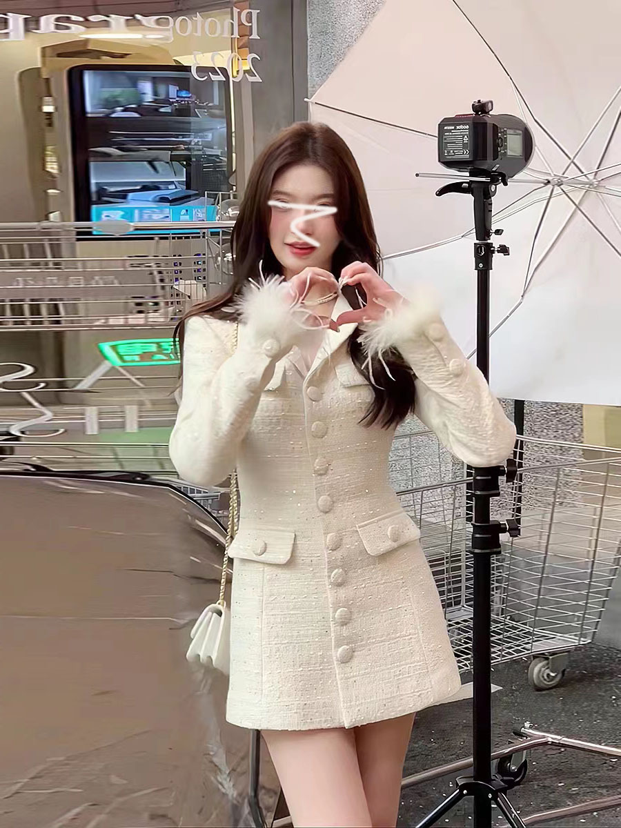 翻領毛尼長袖洋裝(毛可拆)