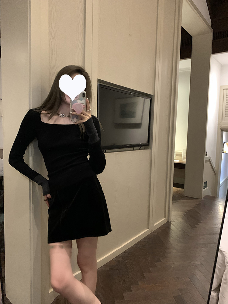 絲光羊毛方領上衣(黑/卡其)