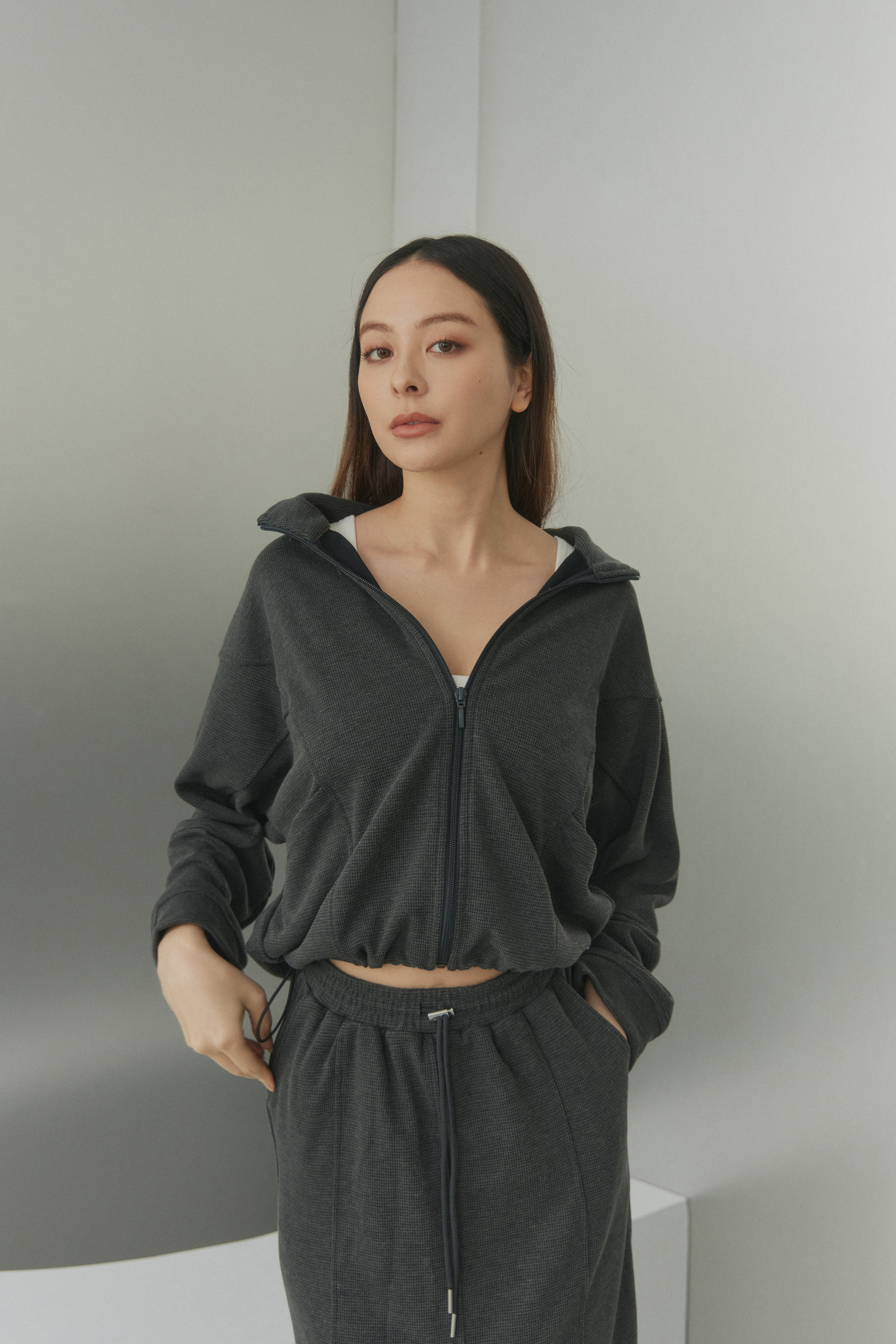 華夫格寬袖縮腰外套- 灰黑