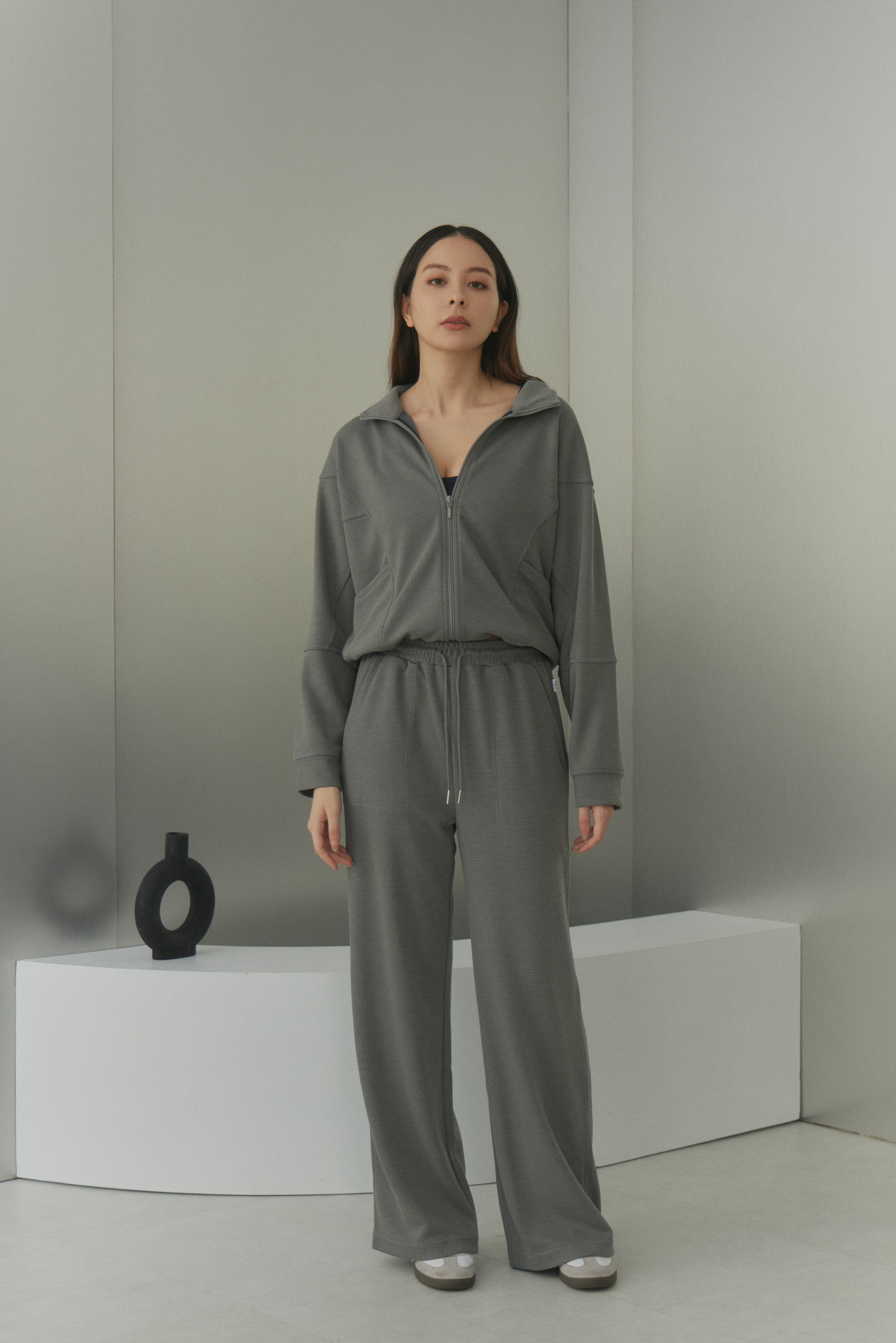 華夫格高腰落地寬褲- 灰綠