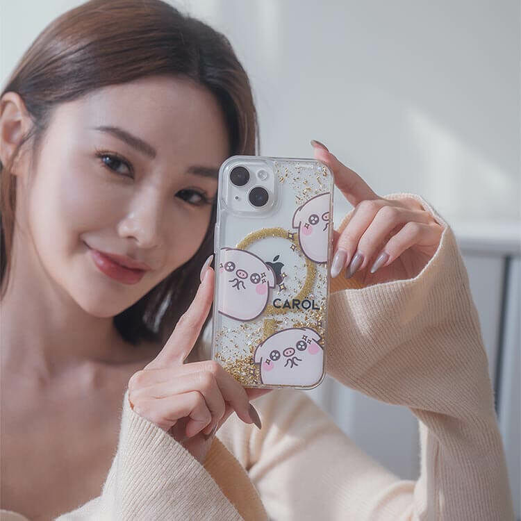 【插畫聯名】萌萌豬 我就圓滾滾 香檳金貝拉殼 (MagSafe兼容) - iPhone客製化防摔手機殼