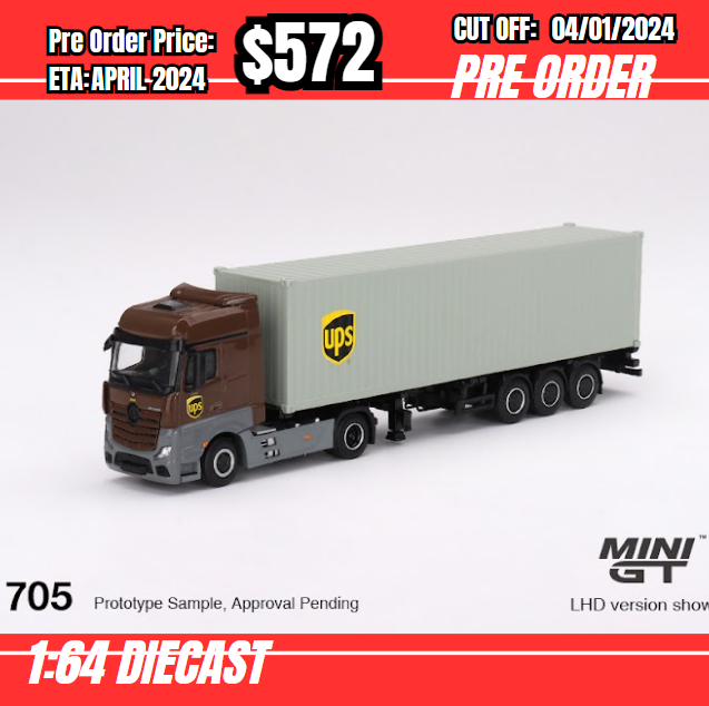 PO-$572 * Mini GT * 1:64 #705 Mercedes-Benz Actros  w/ 40 Ft Container   " UPS Europe"  LHD [OD21/12]