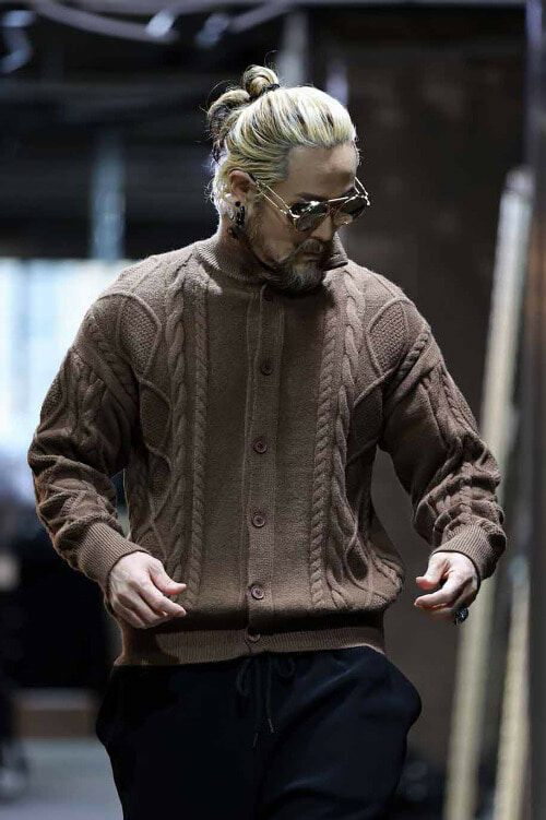 高領漁夫鈕釦針織開衫