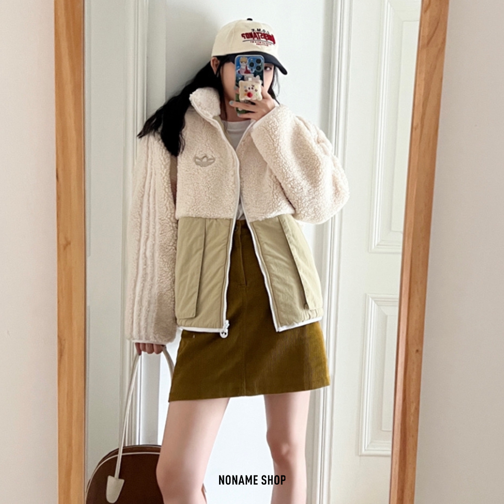 ADIDAS ORIGINAL 羊羔毛 刺繡 異材質 拼接 外套 奶茶米白 (男款)