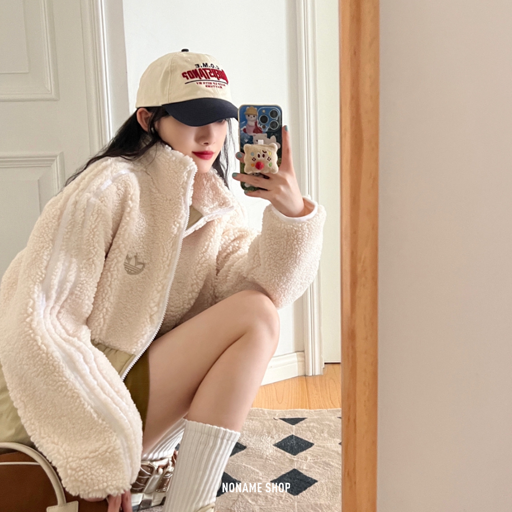 ADIDAS ORIGINAL 羊羔毛 刺繡 異材質 拼接 外套 奶茶米白 (男款)