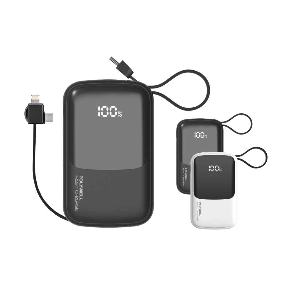 【POLYWELL】自帶線快充行動電源 10000mAh 兩色