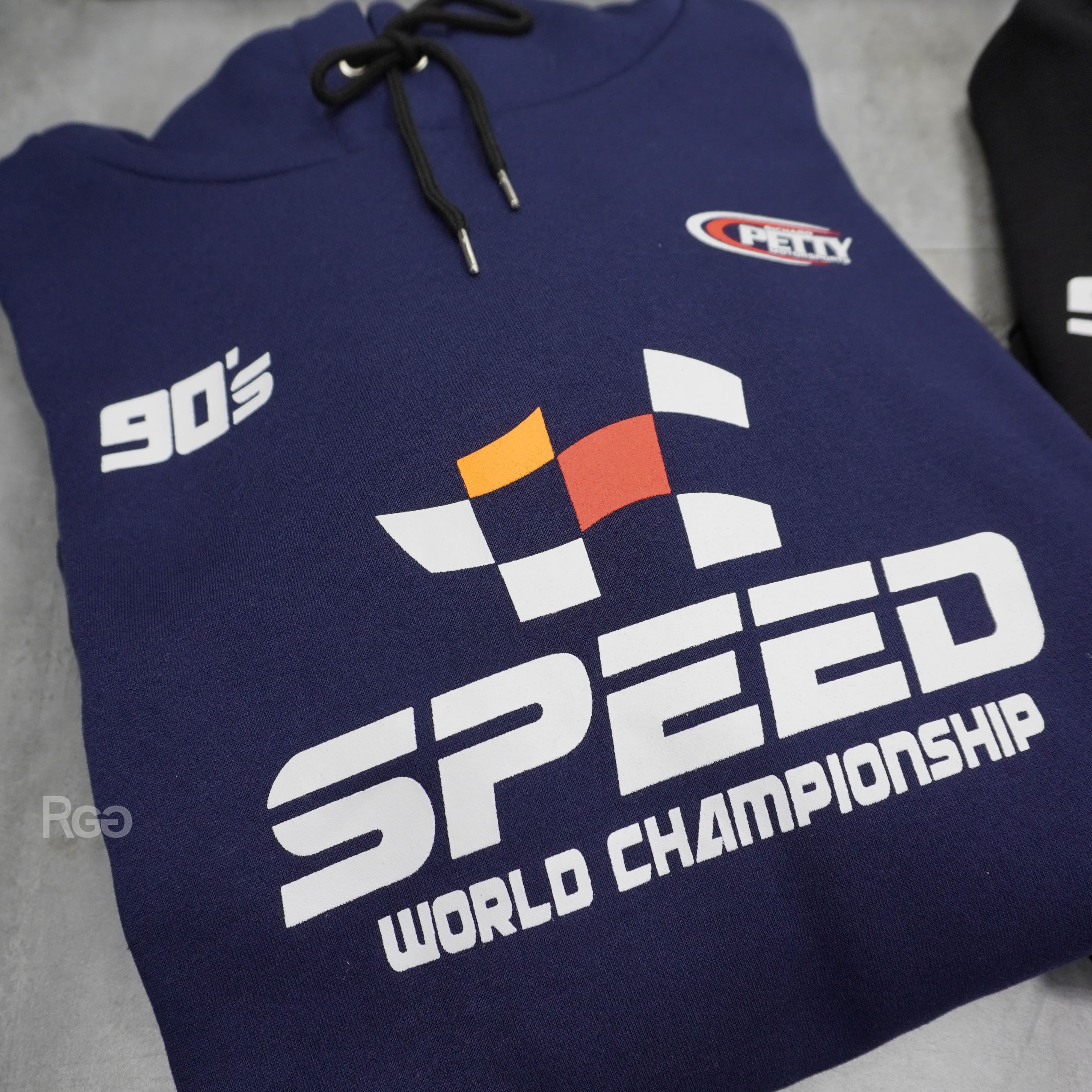 Speed 賽車風刷毛帽T深藍細節