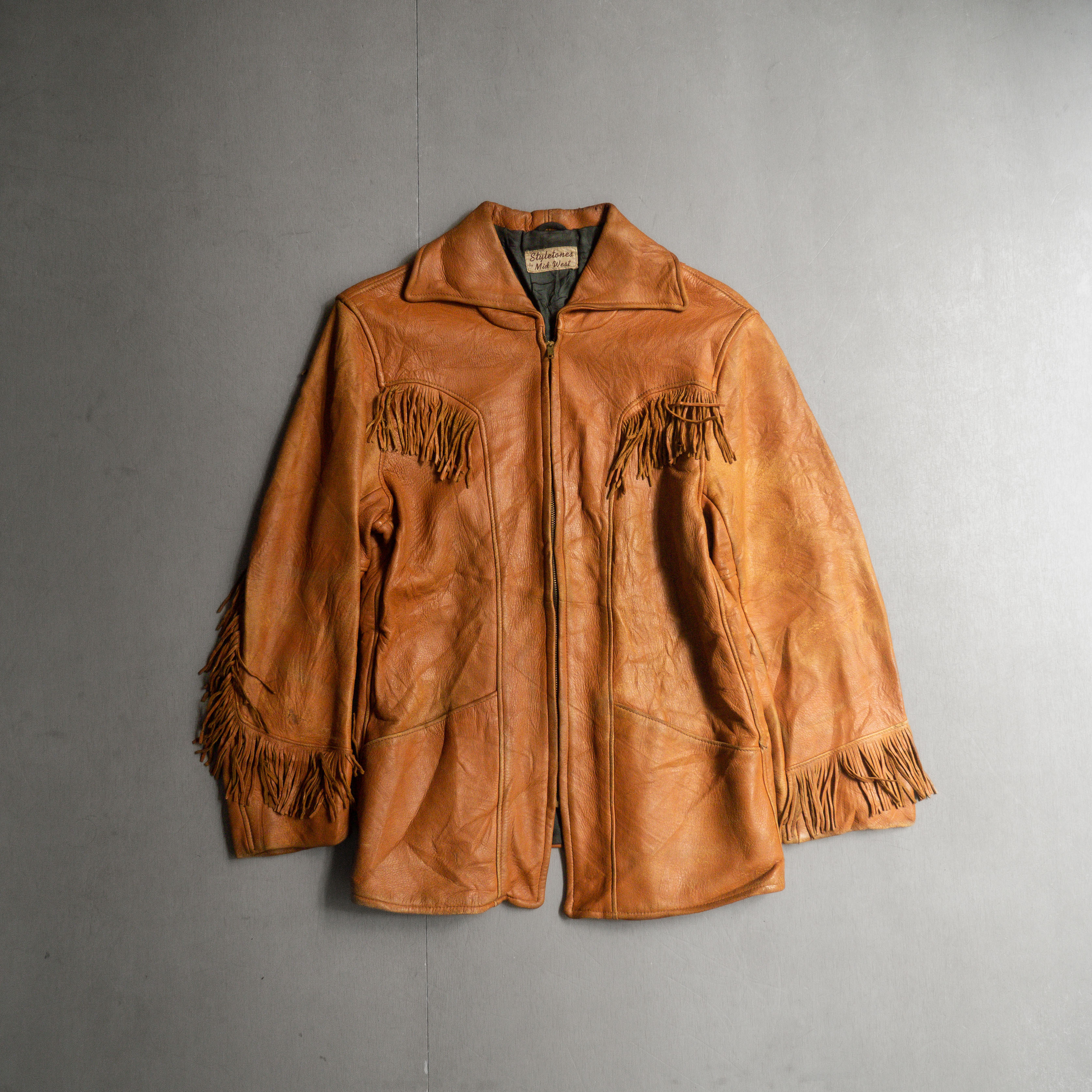 60S STYLETONES FRINGE JACKET 美國製 駝色 開領 流蘇 西部 皮衣 外套