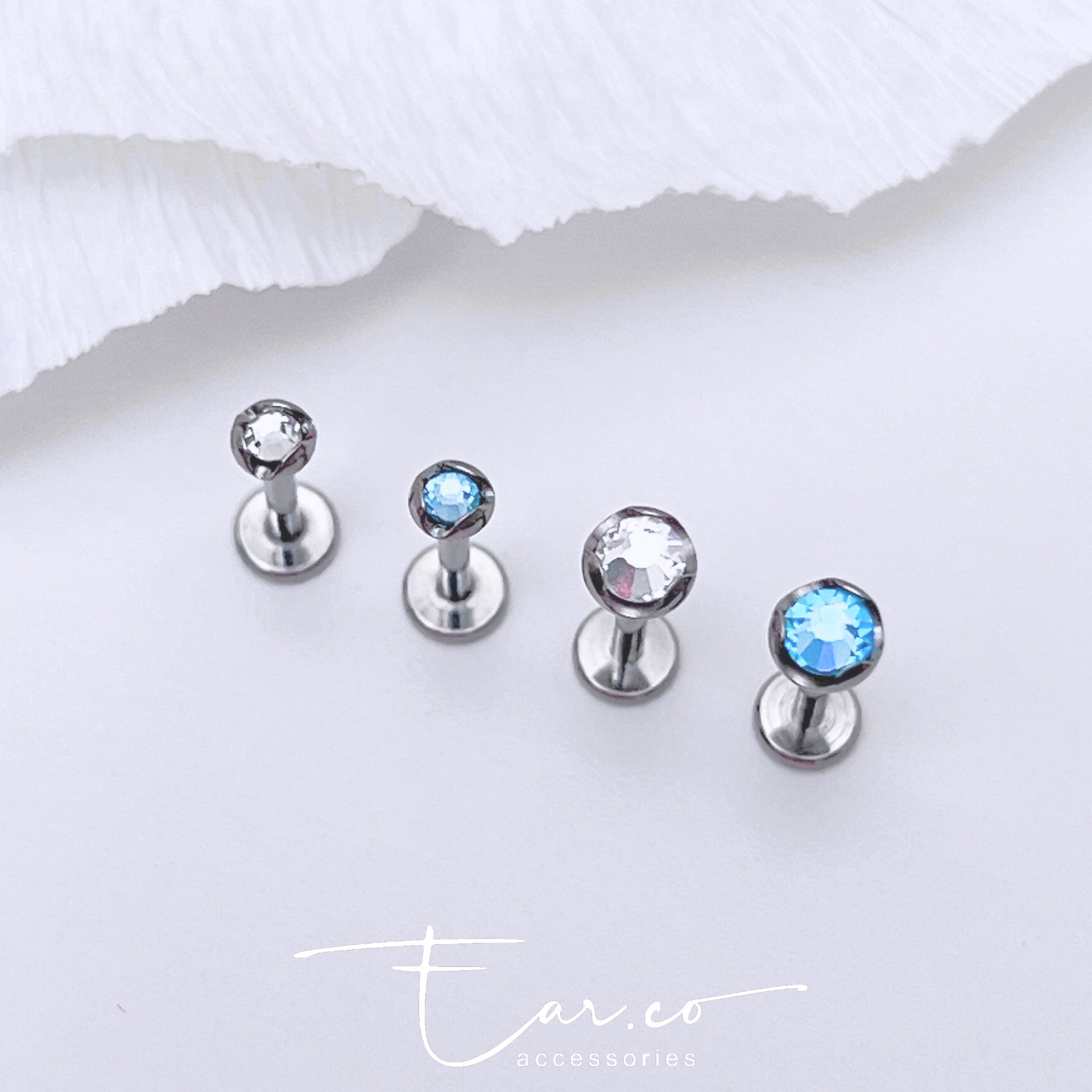 波浪邊設計水晶耳門/耳珠/耳骨釘 [G23 Titanium] [單支]