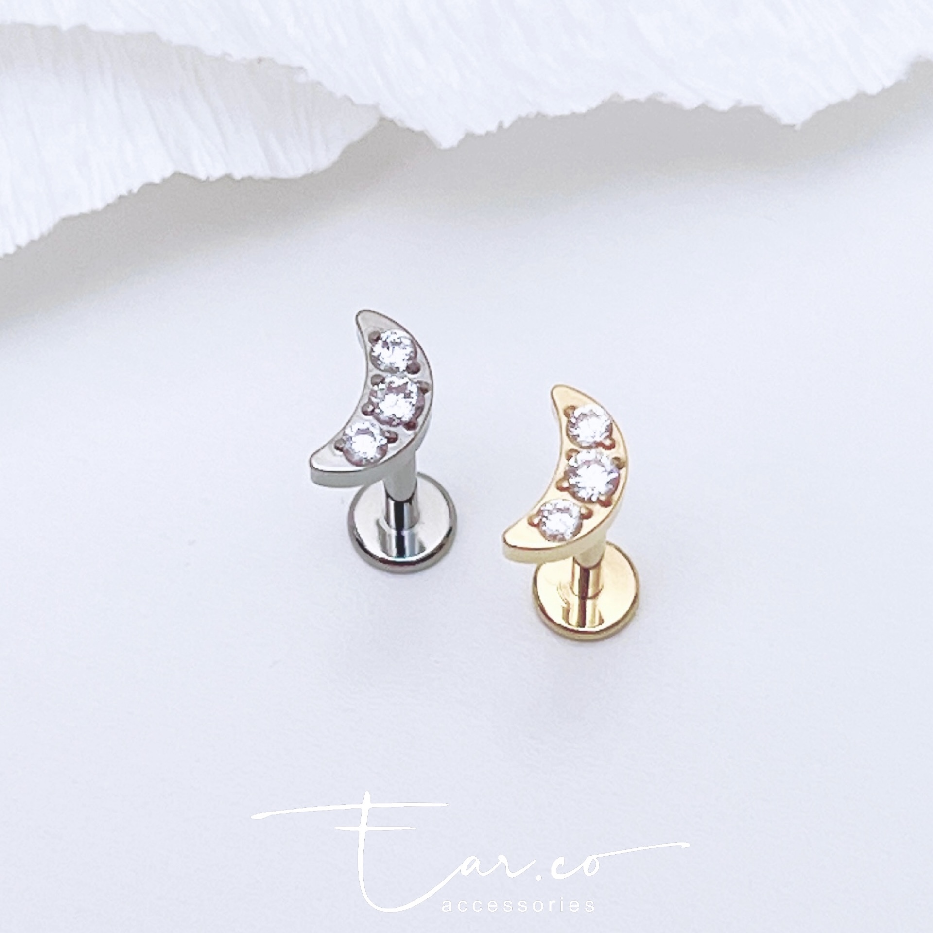 閃石小月亮平頭耳門/耳珠/耳骨釘 [G23 Titanium] [單支]