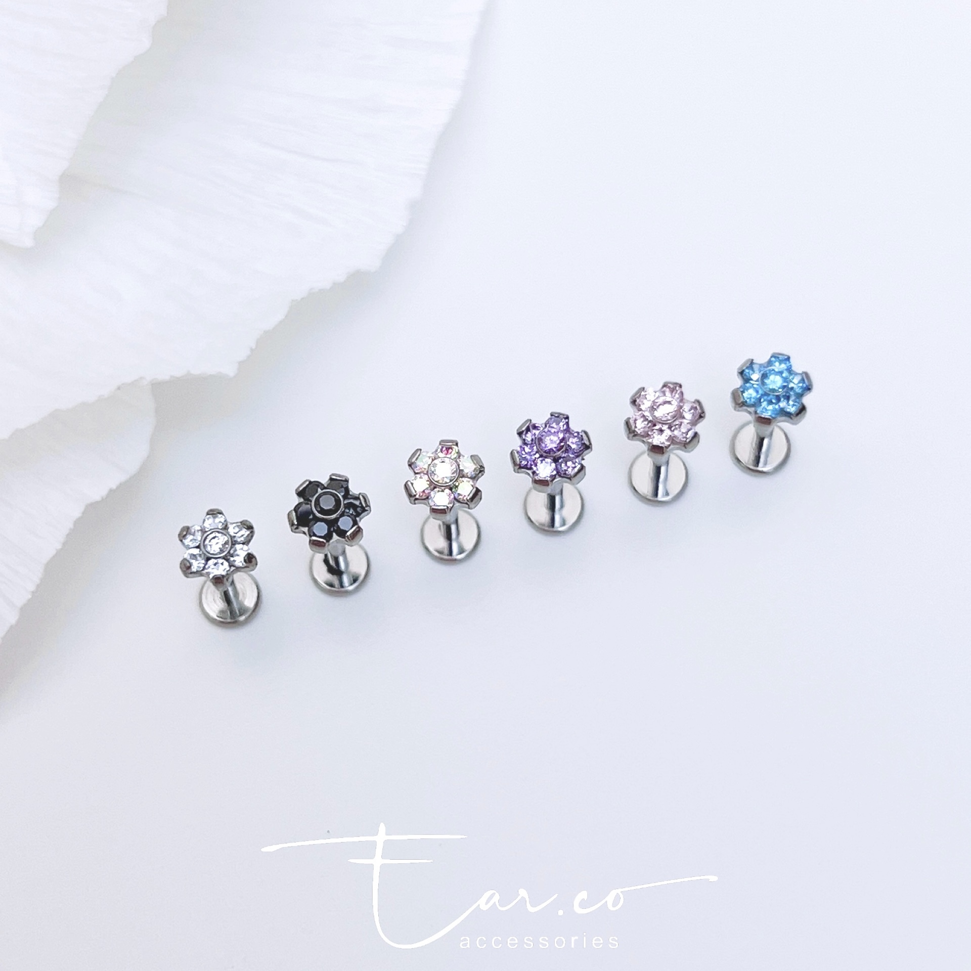 閃石小花朵平頭耳門/耳珠/耳骨釘 [G23 Titanium] [單支]