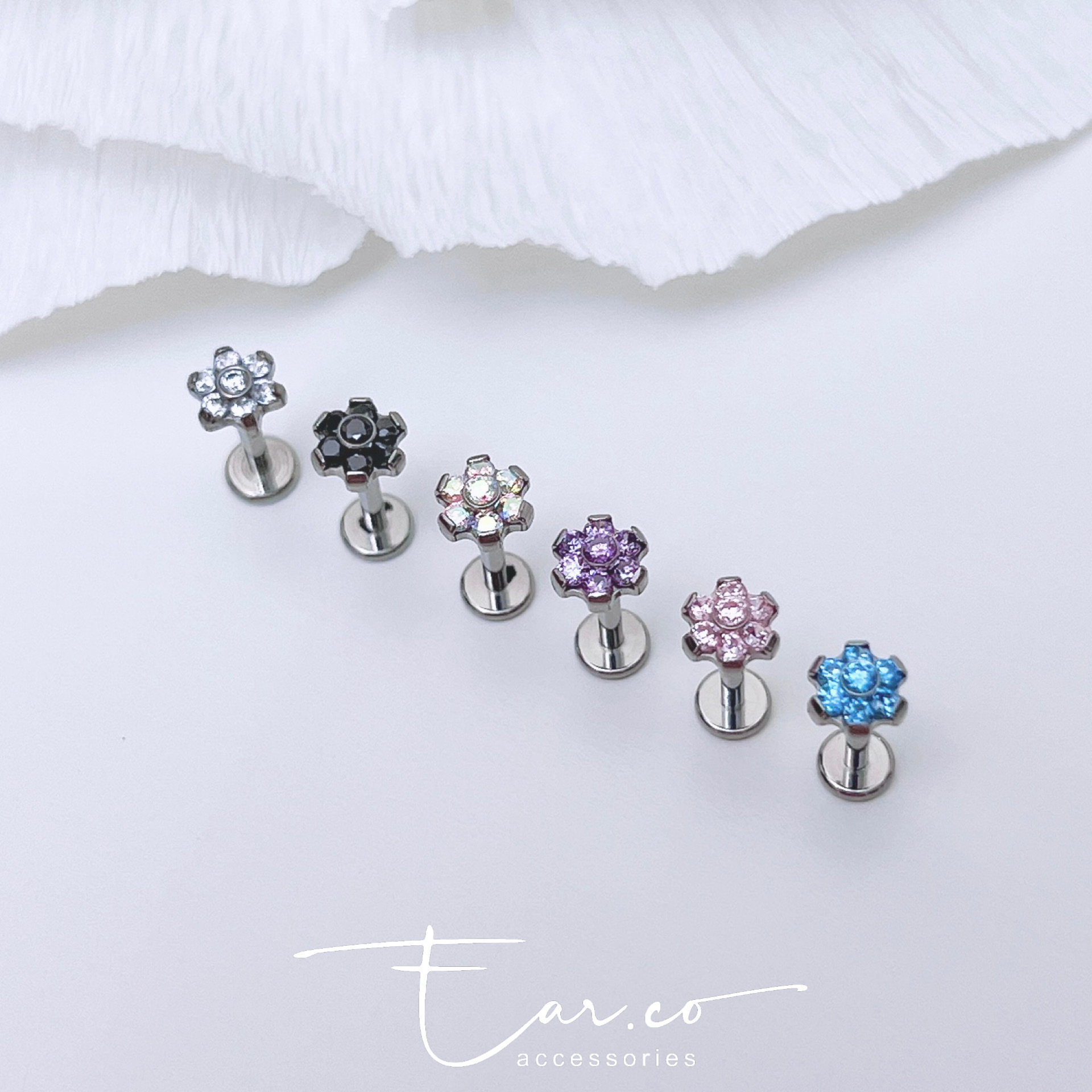 閃石小花朵平頭耳門/耳珠/耳骨釘 [G23 Titanium] [單支]