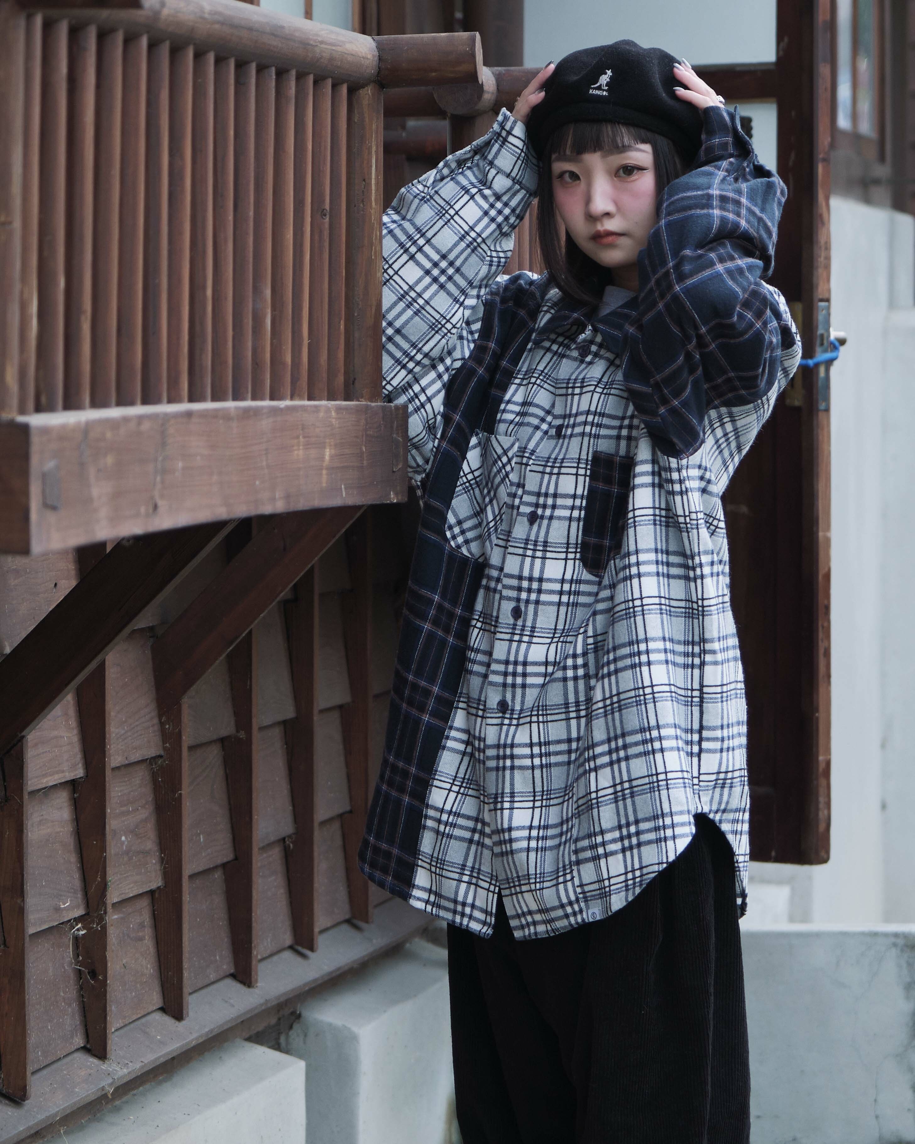 chusedesign-2023-autumn-winter-check-splicing-ls-shirt-navy-style