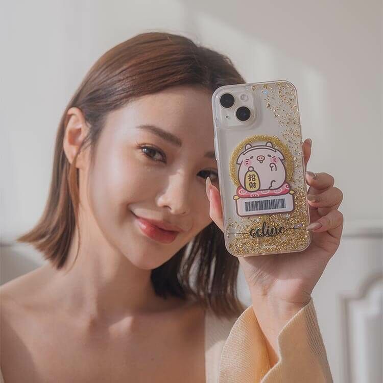 【插畫聯名】萌萌豬 招財金豬 香檳金貝拉殼  (MagSafe兼容) - iPhone客製化防摔手機殼