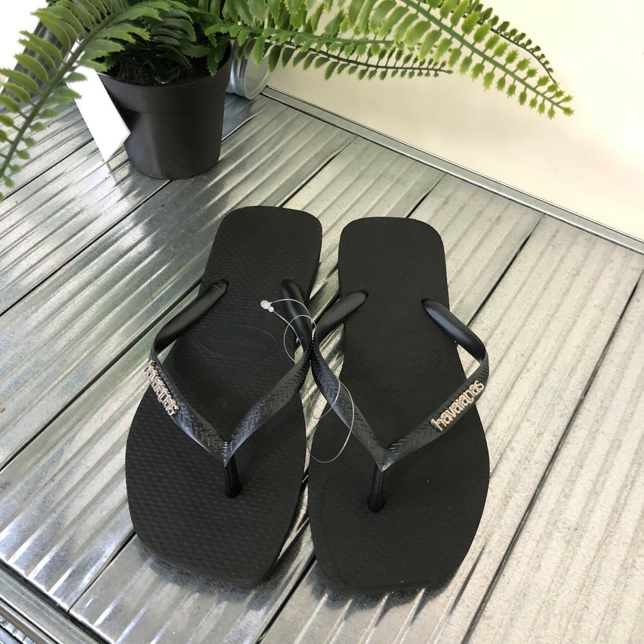 Havaianas 哈瓦仕 Slim Square Logo Metallic 拖鞋 夾腳拖 方頭 黑色 女款 4148257-2976W