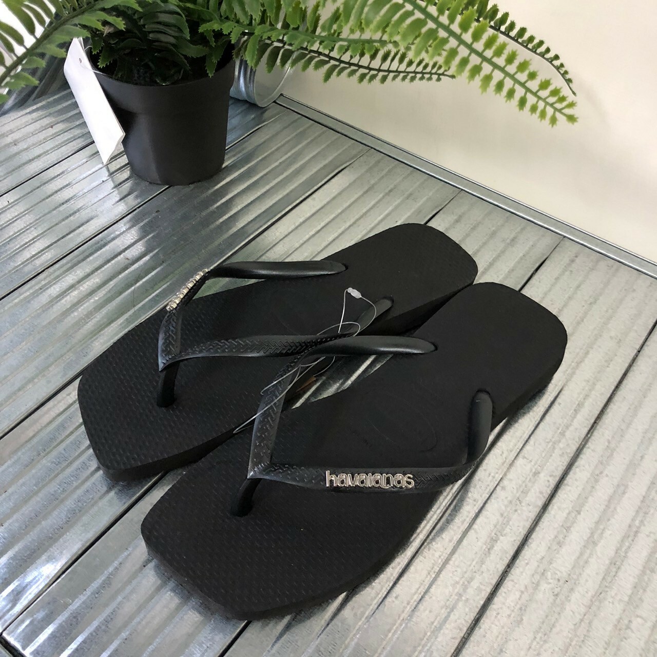 Havaianas 哈瓦仕 Slim Square Logo Metallic 拖鞋 夾腳拖 方頭 黑色 女款 4148257-2976W