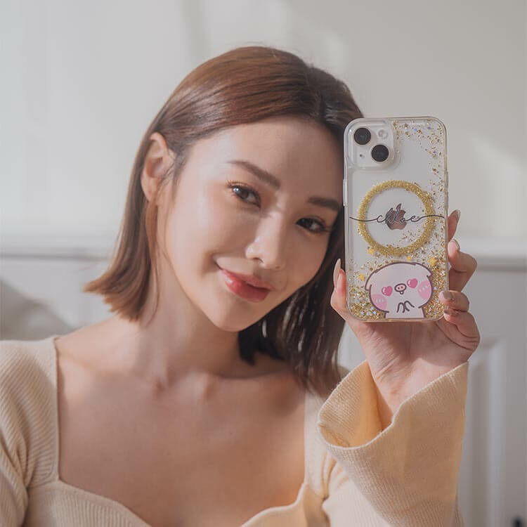 【插畫聯名】萌萌豬 黑皮萌萌豬 香檳金貝拉殼 - iPhone客製化防摔手機殼