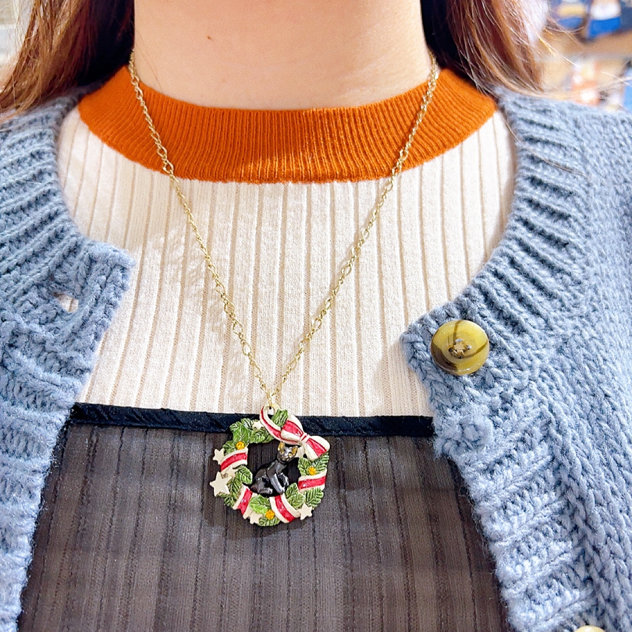 Palnart Poc 黑貓與聖誕花圈頸鏈