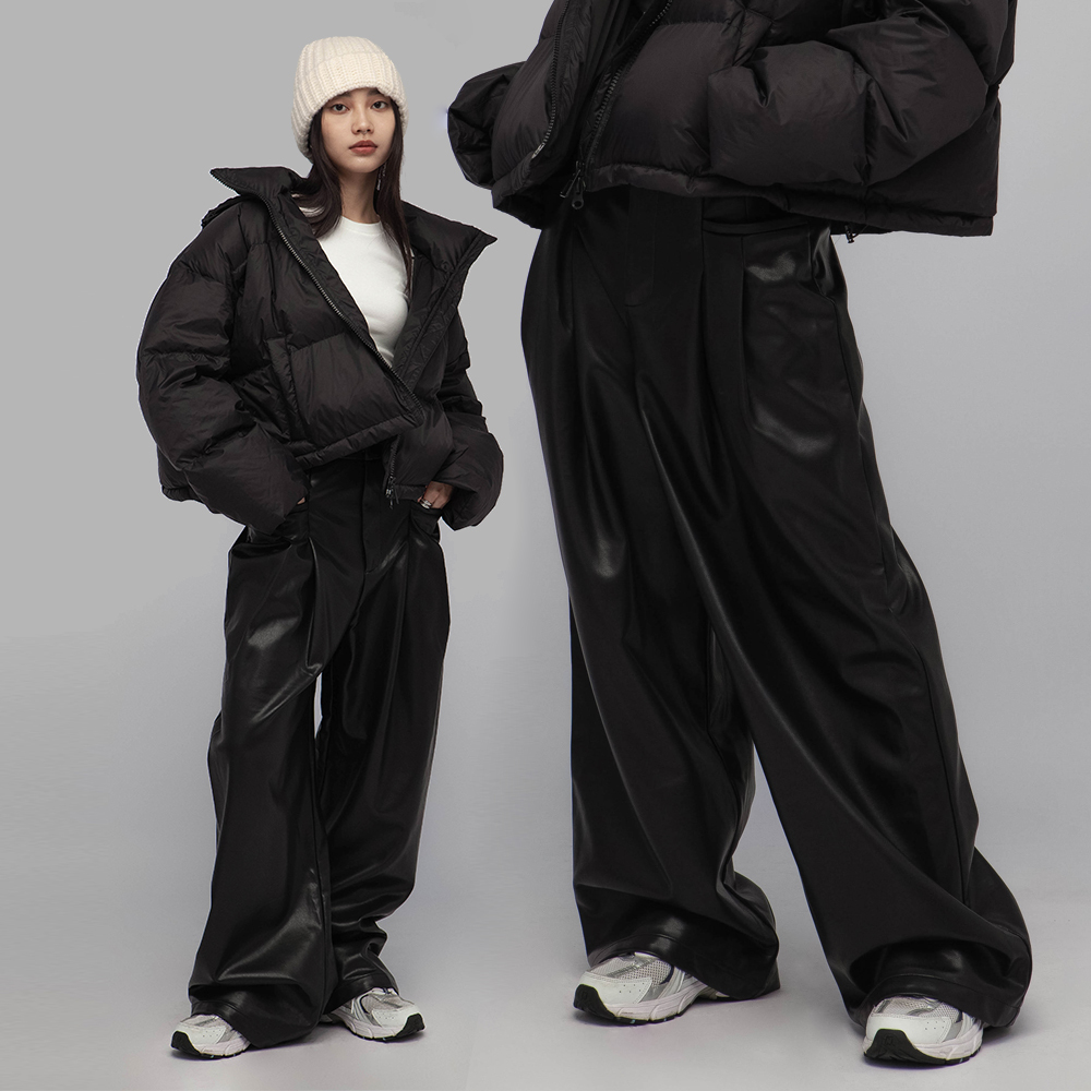 人造皮革高腰寬管褲(-20%)